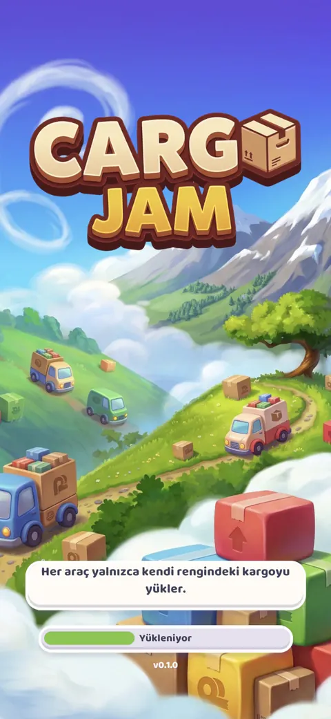 Cargo Jam title screen: delivery trucks driving through green hills past stacks of parcels