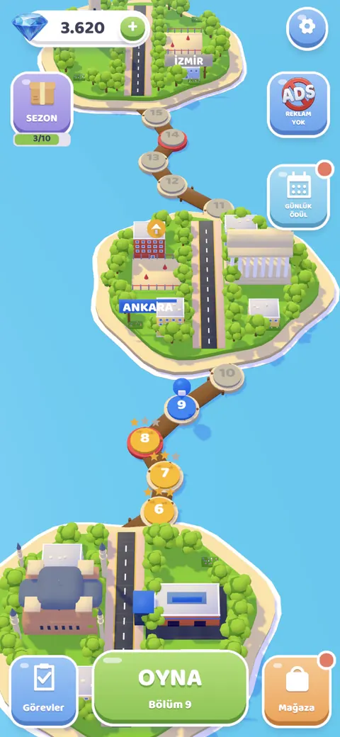 Level map: Ankara and İzmir islands joined by a winding road of numbered levels